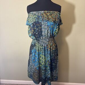 Strapless Boho Paisley Peacock Print Dress Smocked Waist Blue Festival Large